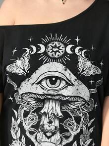 ROMWE Goth Plus Size Distressed Mushroom Skull Print Single Shoulder T-Shirt - Black - View 2