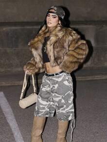 女士休闲宽松迷彩印花阔腿牛仔短裤 - 米色 - 查看 4