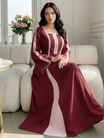 Al Najma Women's Elegant Color Block Square Collar Flare Sleeve Dress, Autumn