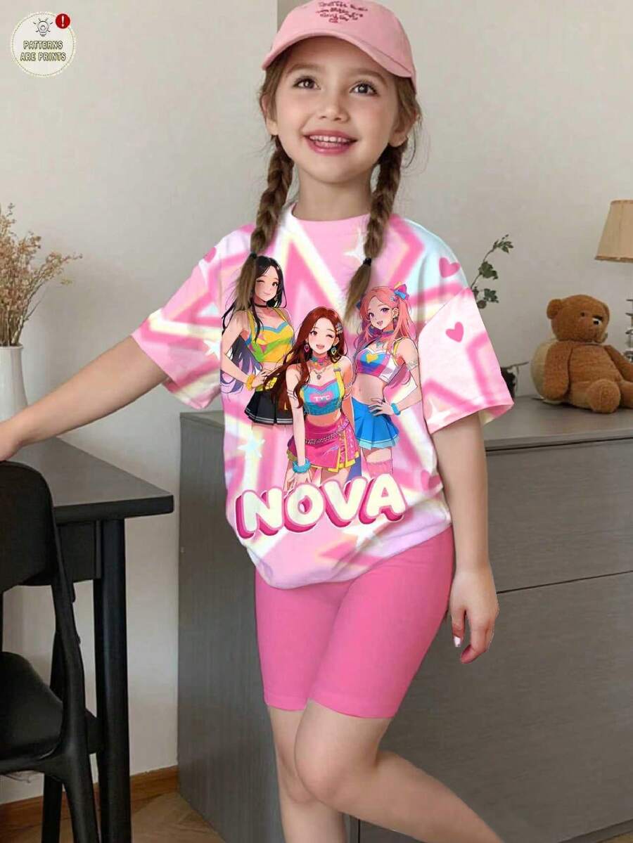 SHEIN 女童圆领字母卡通印花短袖T恤和短裤休闲简约套装，适合度假、聚会和日常穿着。 - 彩色 - 查看 1