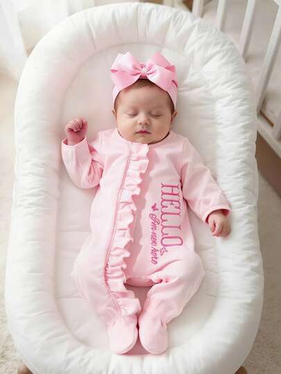 SHEIN Hello Butterfly Embroidery Newborn Photography Outfit Sets Footed Jumpsuit With Bowknot Headband Pink 0-3 Months Newborn Baby Bodysuit