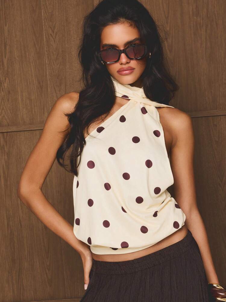 Polka Dot Halter Neck Top With Scarf Detail