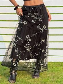 SHEIN EZwear Black Embroidered Sequin Patchwork Elegant & Fashionable Skirt - Black - View 5