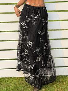 SHEIN EZwear Black Embroidered Sequin Patchwork Elegant & Fashionable Skirt - Black - View 6