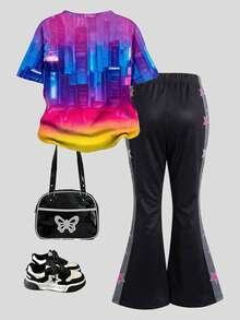 2件套女童休闲时尚卡通/韩流图案印花圆领短袖上衣+星星印花喇叭裤夏季套装 - 彩色 - 查看 2