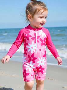 SHEIN Bộ đồ bơi liền thân dài tay có khóa kéo in hình dâu tây dễ thương cho bé gái, đồ bơi chống nắng, đồ bơi một mảnh chống tia UV, đồ bơi dài tay cho bé gái, đồ bơi cho bé. - Nhiều màu - Xem 1