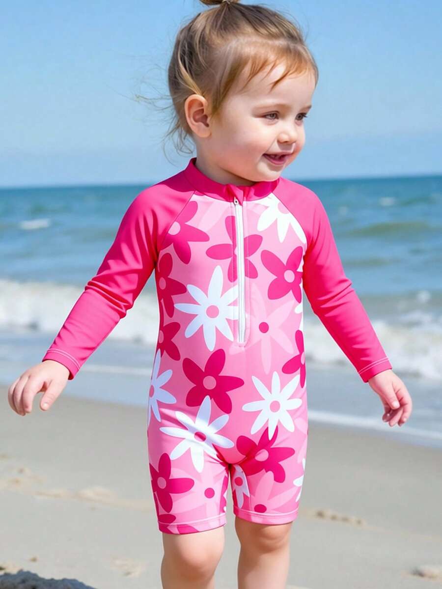 SHEIN Bộ đồ bơi liền thân dài tay có khóa kéo in hình dâu tây dễ thương cho bé gái, đồ bơi chống nắng, đồ bơi một mảnh chống tia UV, đồ bơi dài tay cho bé gái, đồ bơi cho bé. - Nhiều màu - Xem 1