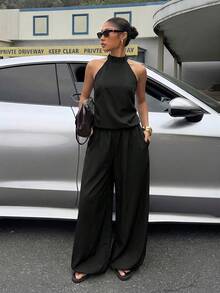 Muchica 女士夏季新款黑色吊带背心搭配灯笼裤休闲度假套装，适合外出、街头穿搭、Y2K风格 - 黑色 - 查看 3