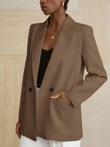 Aveloria Modichic Women's Business Style Solid Color Double-Breasted Blazer Jacket For Commuting, Autumn  - Coffee Brown - View 6