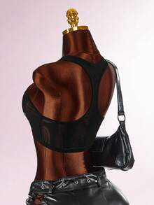 Amplova Y2K性感女士紧身无袖网纱水钻装饰露脐上衣，适合音乐节和摇滚装扮，纯黑色 - 黑與白 - 查看 14