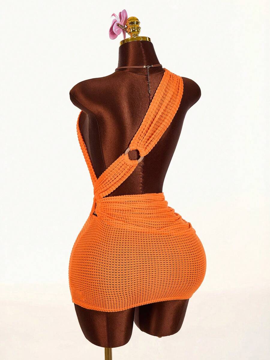 Amplova 2026新款纹理木纹装饰不对称性感迷你连衣裙 - 橘色 - 查看 1