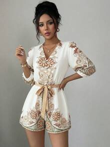 SHEIN Elenzya 优雅浪漫印花V领束腰连体裤，女士度假款 - 彩色 - 查看 6