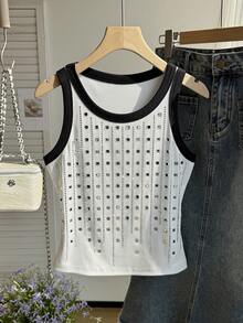 Resyla Camiseta holgada casual de mujer con cuello redondo, bloque de color y adornos de diamante de imitación - Blanco - Ver 4