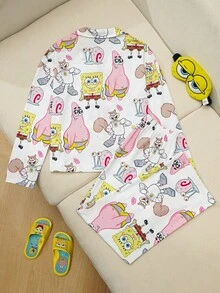 SpongeBob SquarePants | SHEIN 少女长袖纽扣上衣和裤子睡衣套装 - 白色 - 查看 2