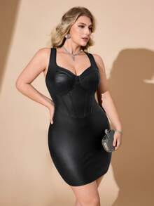 Hourglow Vestido casual sin mangas de unicolor y minimalista talla grande/2026/Año Nuevo - Negro - Ver 5