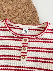 SHEIN Baby Girl Striped Print Short Sleeve T-Shirt And Pants Casual Outfit - Red - View 7
