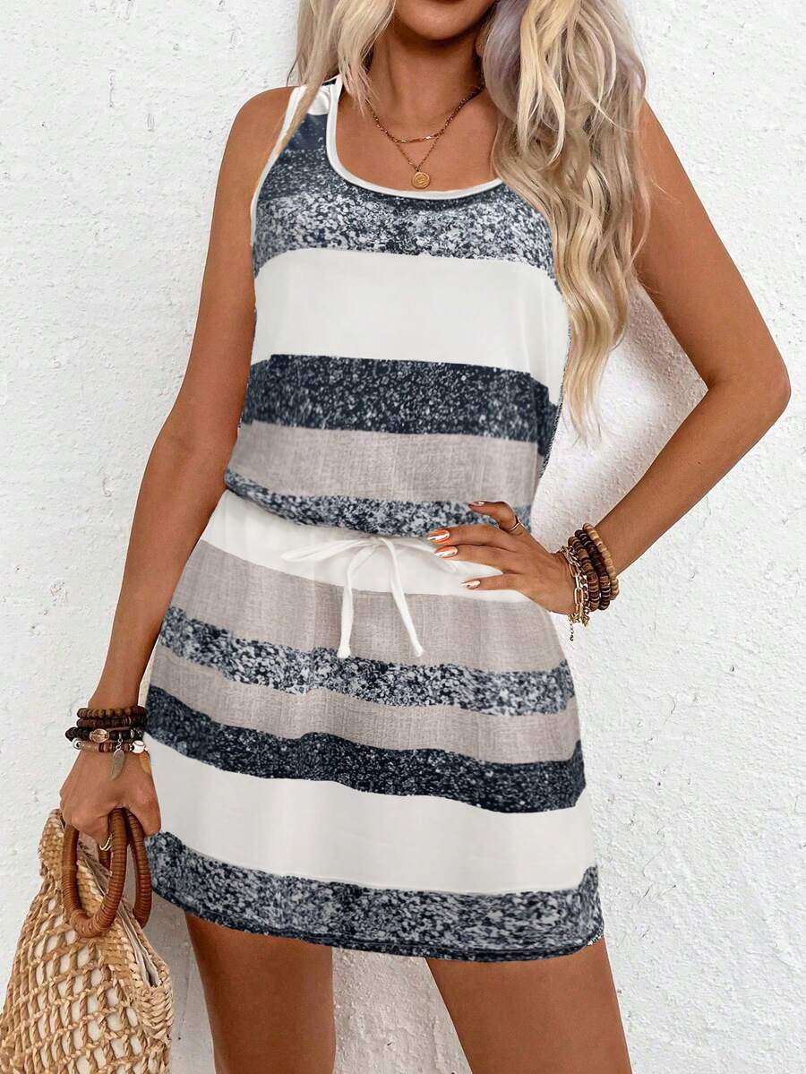 Women's Striped Round Neck Waist Tie Sleeveless Casual Dress - Grey - View 1