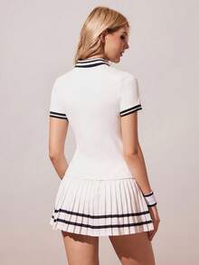 CourtClass Women's Contrast Trim Short Sleeve Top And Pleated Skirt Tennis Outfit - Black and White - View 2