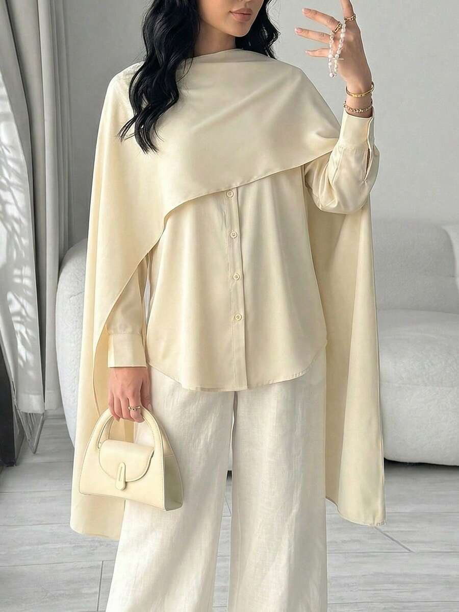 Veilorie 女士优雅纯色披肩领衬衫 - 淡黃色 - 查看 1