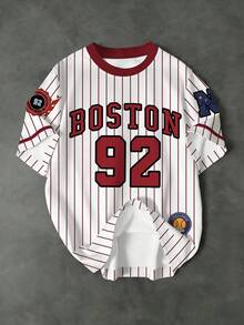 Aesthetic Post 男士复古美式棒球风格酒红色撞色条纹92 N联盟街头时尚休闲圆领T恤 - 彩色 - 查看 1