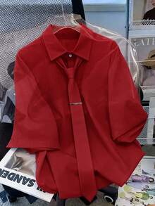 Manfinity Dauomo Teen Boys Red Button Down Short Sleeve Shirt With Matching Tie Modern Fit Casual Top - Burgundy - View 5