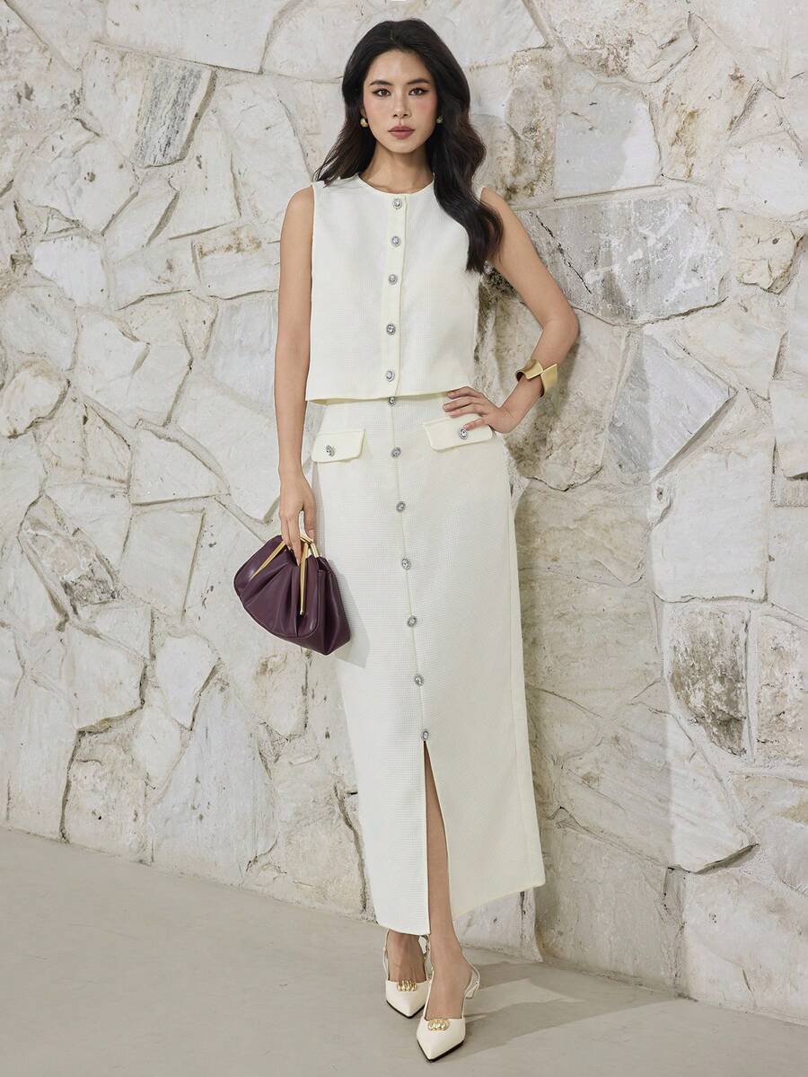 Heiryn New Arrival Elegant Sexy High-End Tweed Sleeveless Top And Skirt 2 Pieces Set Golf Pastal Summer - Apricot - View 1