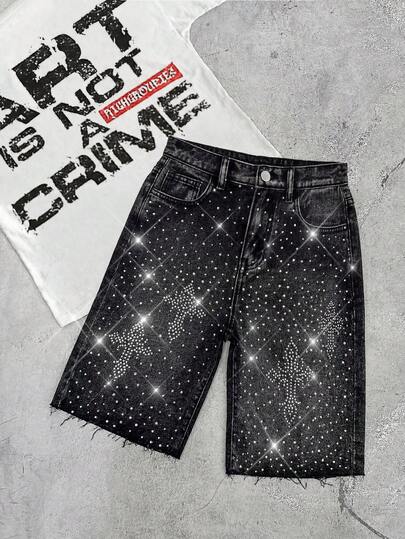 SHEIN Quần short denim đen dáng rộng, thời trang thường ngày phong cách Y2K cổ điển, họa tiết chữ thập lấp lánh đính đá, chất liệu mềm mại, thích hợp mặc hàng ngày, mùa thu đông, đi học, dự tiệc, đi biển, phong cách đường phố, quần short đính đá, quần short denim lấp lánh.
