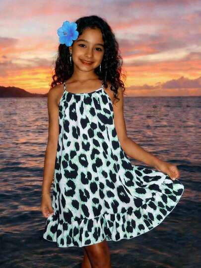 SHEIN Girls' Leopard Print & Colorful Floral Sleeveless Ruffle Hem Casual Vacation Dress