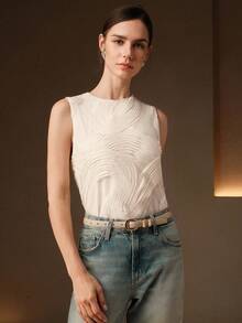 Anewsta Áo tank top nữ không tay cổ tròn, chất liệu vải 3D họa tiết, kiểu dáng thường ngày, thích hợp cho mùa xuân/hè, đa năng cho trang phục công sở. - Màu be - Xem 4