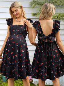 SHEIN 樱桃印花荷叶边下摆孕妇连衣裙，饰有褶裥细节，适合日常穿着、约会、度假和海滩度假。 - 彩色 - 查看 1