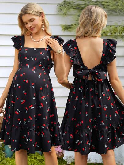 SHEIN Black Cherry Print Ruffle Hem Maternity Dress,Summer Fairy Photoshoot Holiday Pleated Maternity Dresses,Women's Casual Vacation Beach Dress