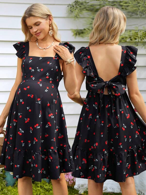 SHEIN Vestido de maternidad con estampado de cerezas, dobladillo con volantes y detalles plisados, adecuado para uso diario, citas, vacaciones y playa