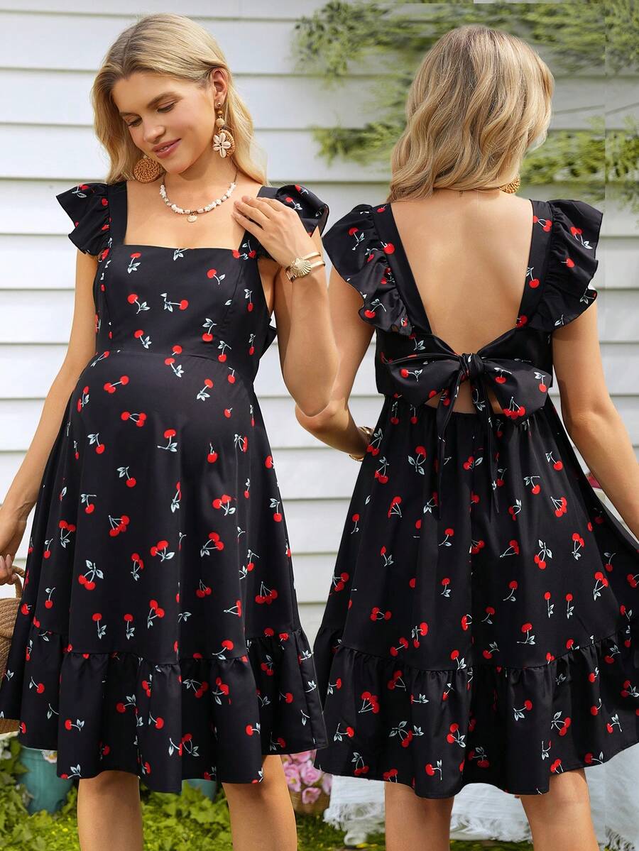 SHEIN 樱桃印花荷叶边下摆孕妇连衣裙，饰有褶裥细节，适合日常穿着、约会、度假和海滩度假。 - 彩色 - 查看 1