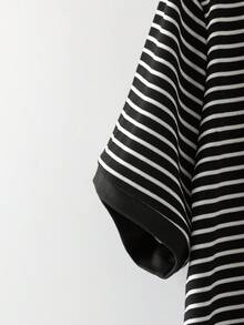 GlowEve CURVE Women's Striped Round Neck Short Sleeve Casual T-Shirt, Lace Patchwork, Summer - Black and White - View 5