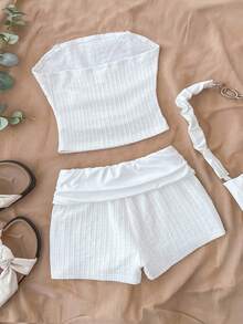 Bộ đồ thể thao màu trắng trơn, tối giản, thoải mái dành cho bé gái tuổi teen, gồm áo tank top và quần short dệt kim, thích hợp cho kỳ nghỉ, đi biển, phong cách thời trang mới. - trắng - Xem 2