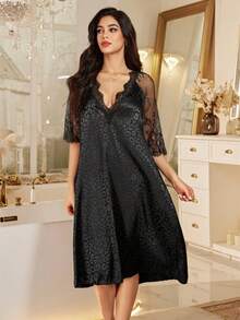 Leopard Print Jacquard Mesh Lace Patchwork Elegant Short Sleeve Women Nightgown - Black - View 3