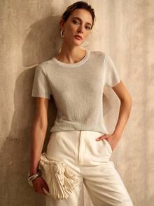 MOTF PREMIUM 闪亮水钻V领无袖针织上衣，春夏款 - 灰色 - 查看 6