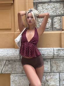 Women's Elegant Polka Dot V-Neck Halter Neck Camisole, Spring/Summer - Burgundy - View 1