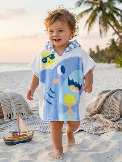 SHEIN Áo khoác ngoài đồ bơi bằng vải flannel có mũ trùm đầu, họa tiết hoạt hình dễ thương, đa năng cho bãi biển, spa, bơi lội, phù hợp cho bé trai/bé gái.