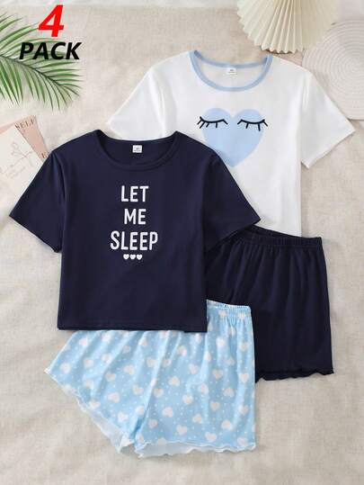 SHEIN Conjunto de ropa de estar en casa dulce para niñas, conjunto de múltiples piezas con estampado de corazón y pestañas "DÉJAME DORMIR", de ajuste suave y suelto, pijamas de verano lindos y cómodos, conjunto de 4 piezas de manga corta y pantalones cortos