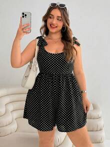 Solflare Bộ jumpsuit nữ cỡ lớn in chấm bi đen trắng thắt nơ, thích hợp cho lễ hội âm nhạc và kỳ nghỉ hè. - Đen và trắng - Xem 4