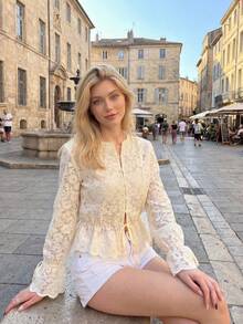 DAZY Women's Solid Color Lace Fitted Drawstring Hem Ruffle Tie Elegant Vacation Blouse, Spring/Autumn - Beige - View 4