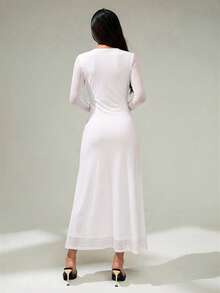 SHEIN PETITE Đầm lưới nữ cổ khoét sâu, mặt dây chuyền, viền bèo nhún, thích hợp cho tiệc tùng hoặc Giáng sinh. - trắng - Xem 3