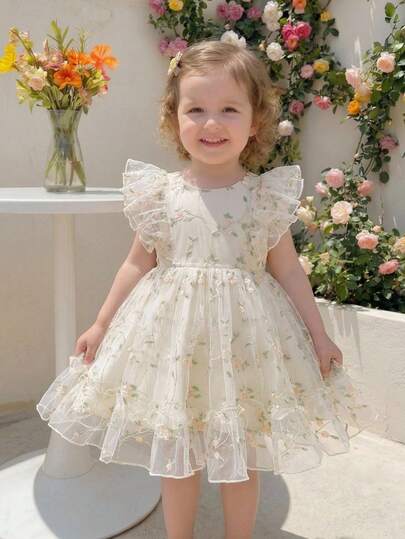 SHEIN Glamorique Kids Embroidered Princess Dress, Cap Sleeve Waist Fitted Formal Dress For Toddlers, All Seasons