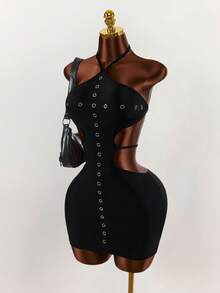 Amplova Women's Sexy Solid Color Backless Halter Mini Dress, Summer Y2k Summer Outfits For Women Spring Clothes Women Easter Dress Women Festival Outfits For Women Elegant Dresses For Party Beach Outfits For Women Wedding Guest Party Dress Elegant Dresses For Women  Casual Dresses For Women Beach Vacation Outfits For Women - Black - View 5