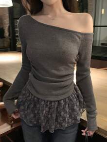 DAZY Women's Lace Patchwork Oblique Shoulder Long Sleeve T-Shirt, Korean Style, Spring/Summer - Grey - View 1