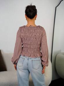 SAYEHFBABY Camisa de mujer de manga larga con cuello redondo y cintura ceñida a cuadros, diseño plisado, ajuste de cintura, camisa a cuadros elástica roja y rosa para mujer casual - Rosa - Ver 2