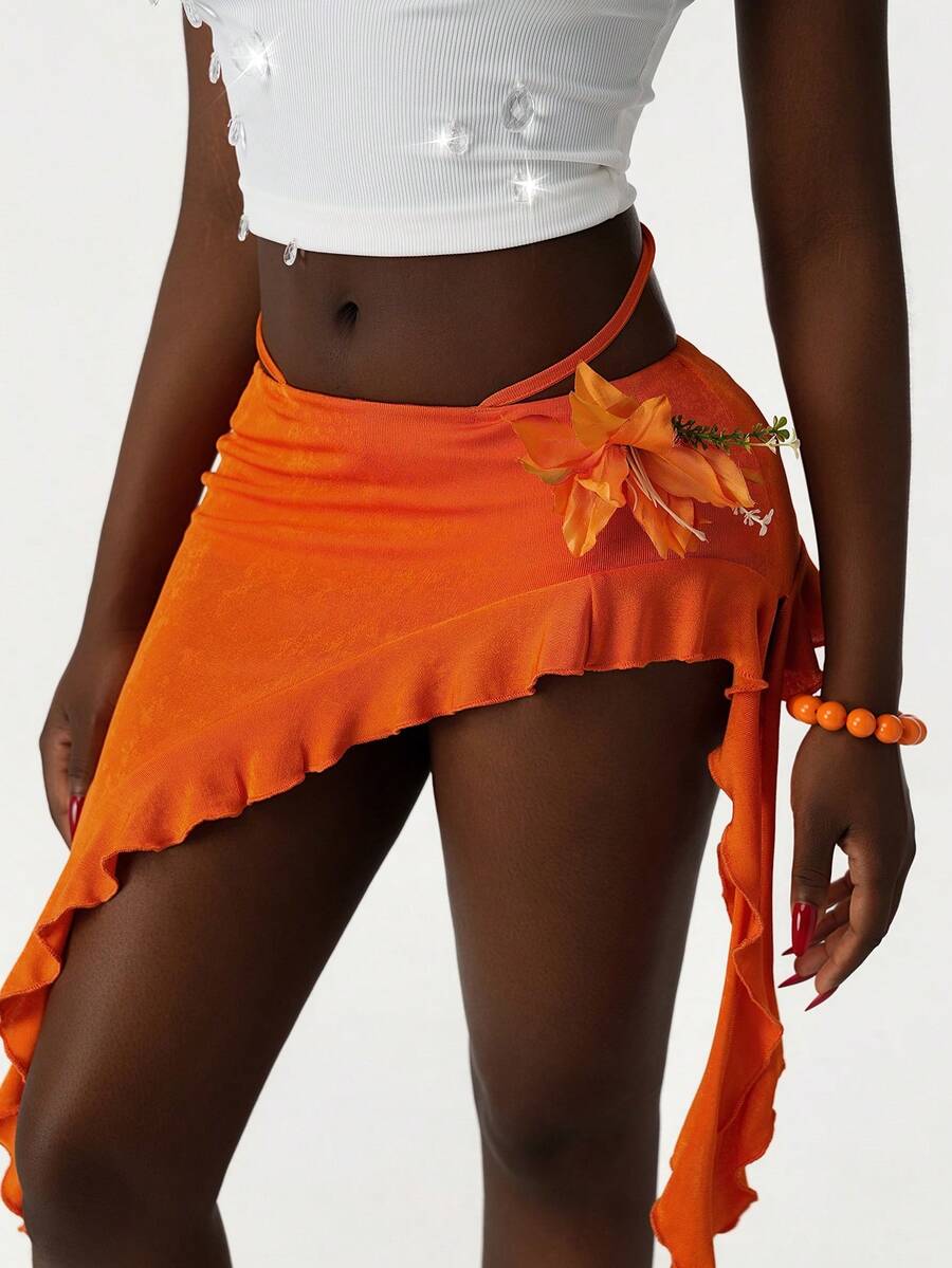 Amplova 2026款低腰3D立体花卉不对称下摆迷你裙 - 橘色 - 查看 1