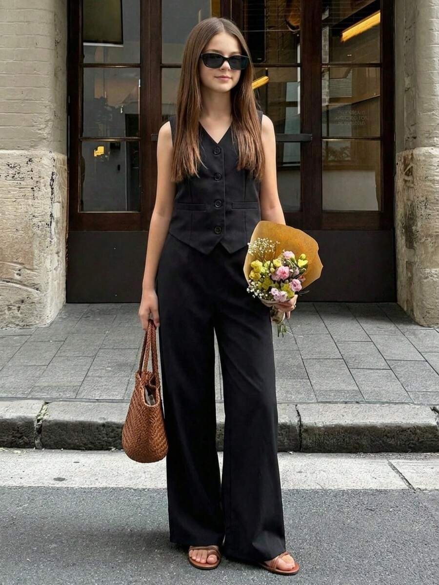 SHEIN Bộ 2 áo và quần họa tiết da báo Mỹ cổ điển cho bé gái tuổi teen - màu đen - Xem 1