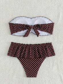 Swim Mod 女士印花抹胸比基尼套装，休闲低腰荷叶边短裙，度假泳装 - 棕色 - 查看 4